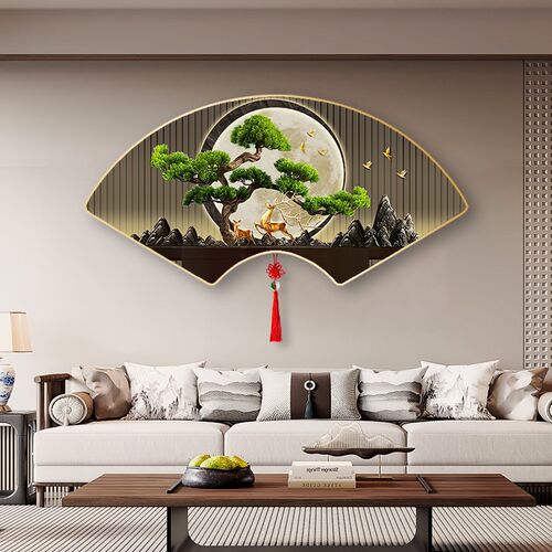现代简约流水生财装饰画客厅玄关扇E形迎客松茶室办公室背景墙壁