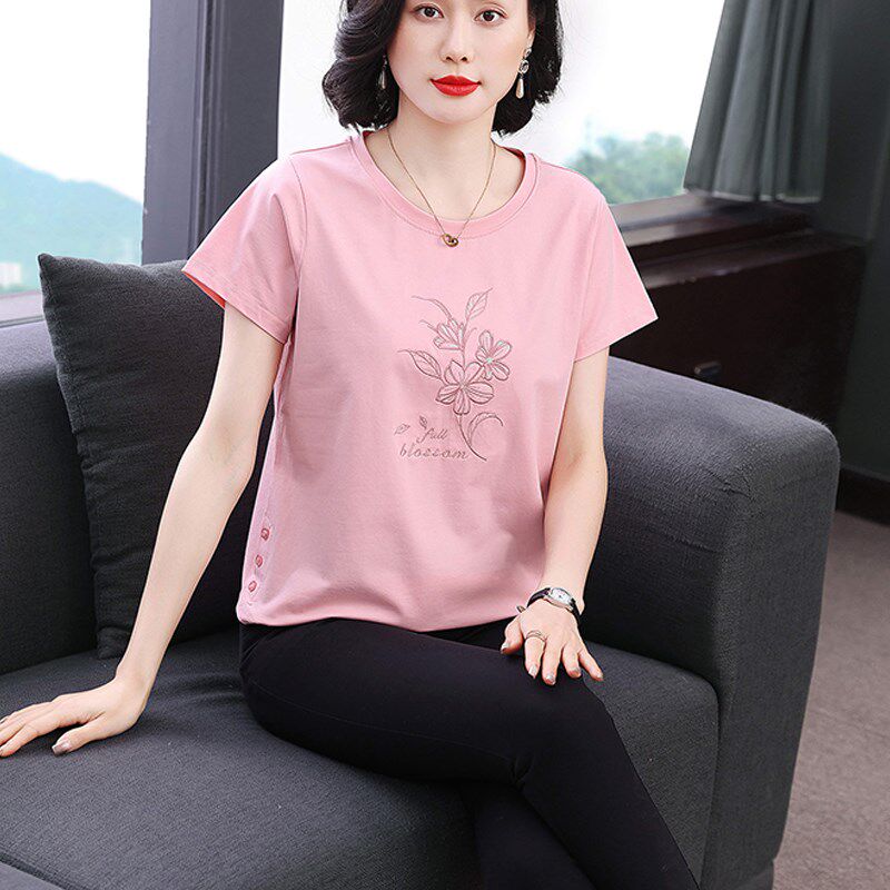 妈妈夏装纯棉短袖t恤女 2025新款中老年宽松大码休闲上衣洋气小衫