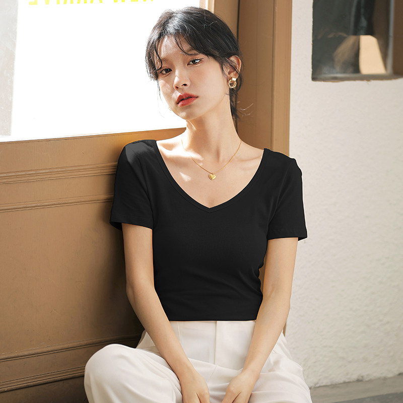 纯棉黑色大v领短袖t恤女夏季修身显瘦鸡心领正肩紧身纯色锁骨上衣