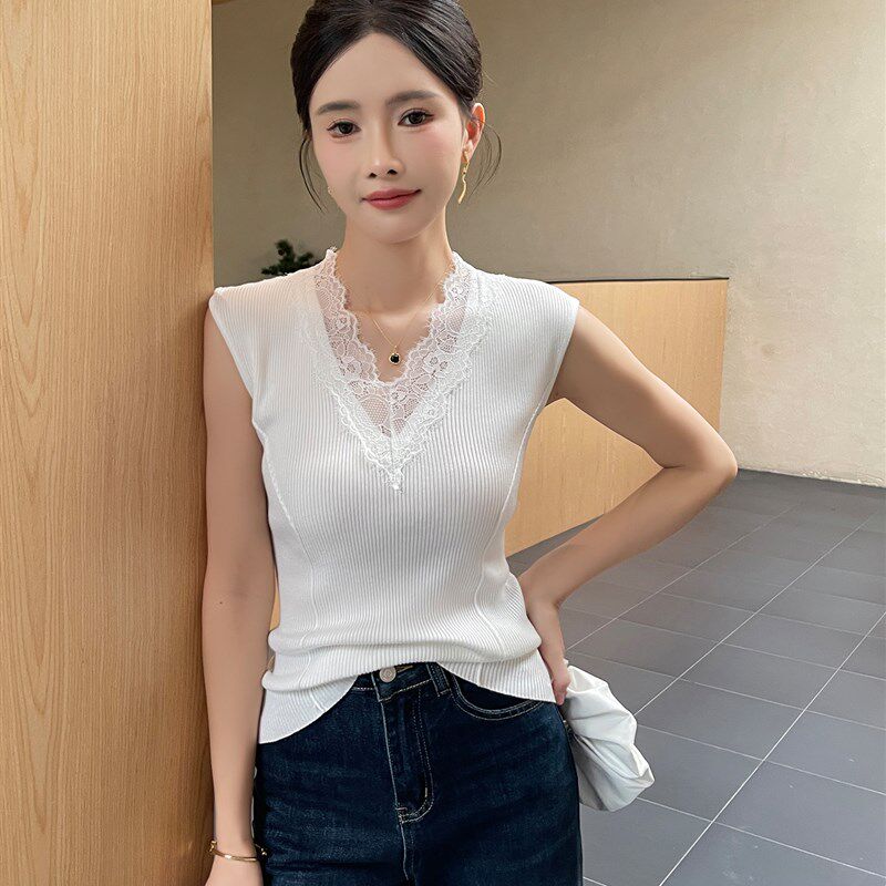 白色v领针织吊带背心女内搭秋季蕾丝拼接坎肩无袖打底上衣可外穿