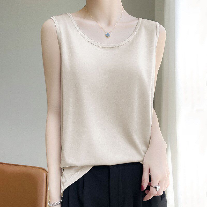 2025春夏新款醋酸吊带背心女圆领宽松百搭纯色内搭无袖上衣配西装