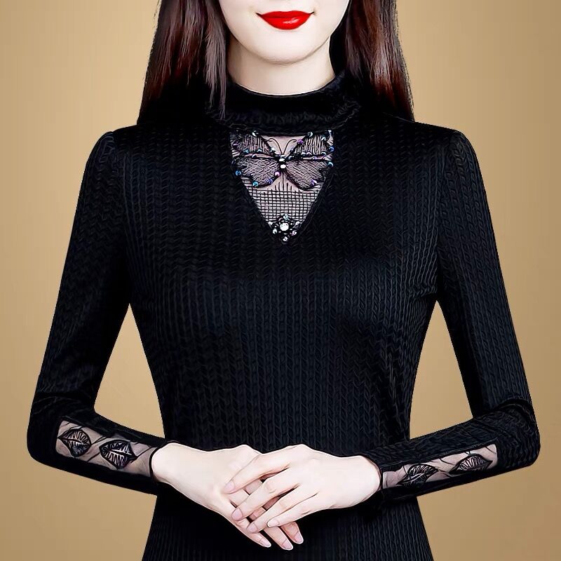 半高领蕾丝打底衫女长袖上衣2023新款秋冬季百搭加绒加厚内搭小衫