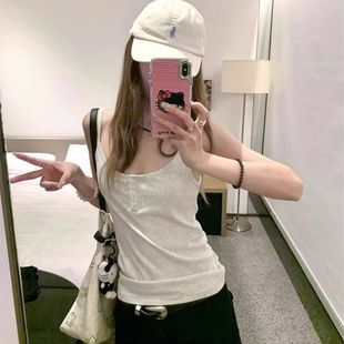 显瘦无袖 内搭可外穿修身 百搭上衣 新款 纯色简约纽扣吊带背心女夏季