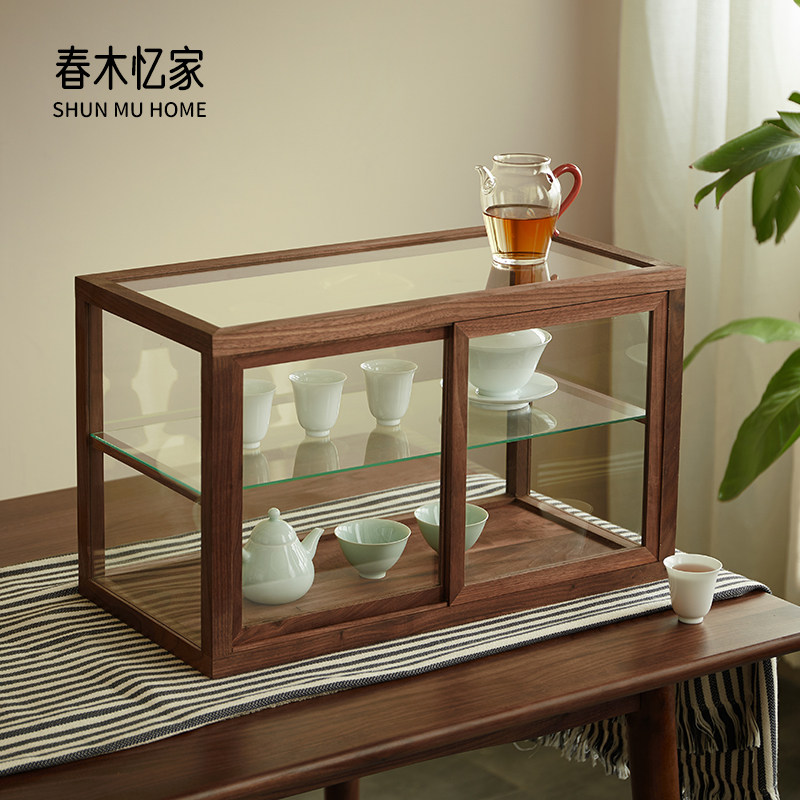 黑胡桃实木玻璃展示柜茶室茶具器皿摆件J防尘置物架防尘收纳陈列