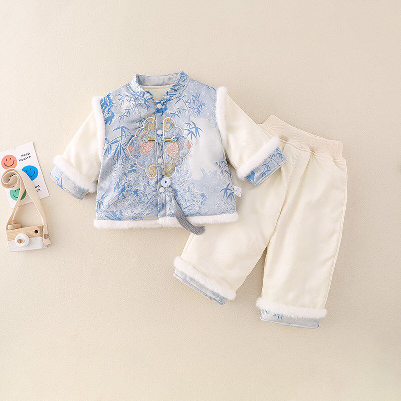新中式周岁礼服婴幼儿少爷服套装秋冬夹棉两件套一岁男宝冬装棉服