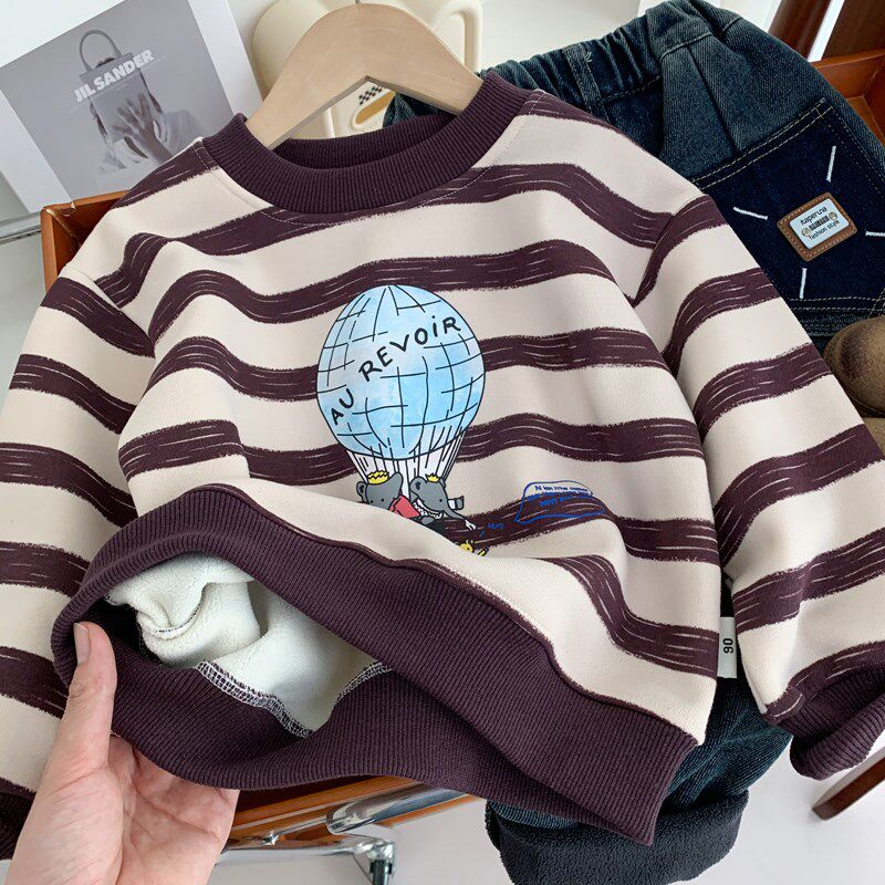 男童加绒条纹卫衣2024中童洋气一体绒上衣儿童帅气秋冬内搭衣服潮