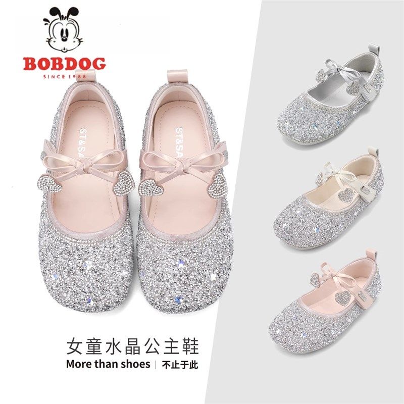 真皮女童公主鞋春秋新款小女孩高跟水晶鞋女宝宝演出软底舞蹈皮鞋