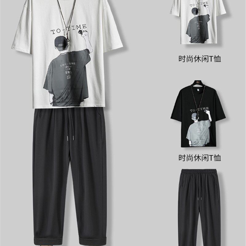 夏季套装男潮流帅气韩版学生宽松五分袖工装裤休闲一套搭配两件套