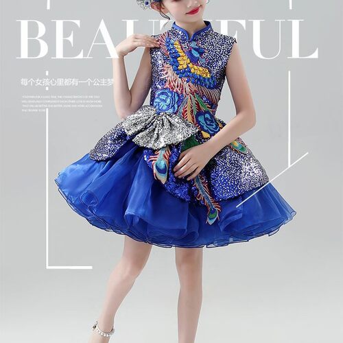 女童礼服主持走秀钢琴蓝色渐层儿童礼服裙奢华演出亮片蓬蓬裙