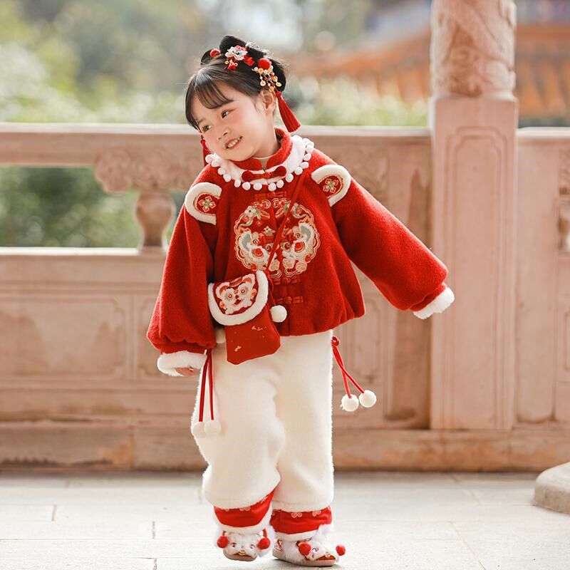 女童拜年服蛇年冬款2025红色喜庆加厚套装古装儿童过年女宝宝汉服
