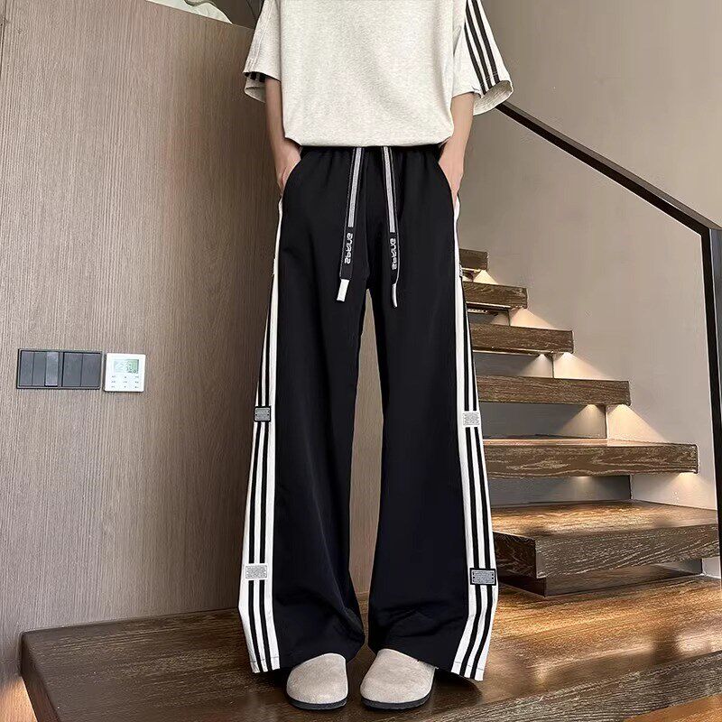 特大码300斤侧边条纹拼接运动裤男女装春秋薄款宽松直筒休闲裤子2
