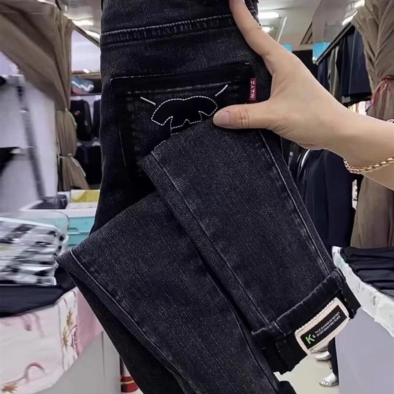 黑灰色小脚牛仔裤女春季高腰弹力修身显瘦卷边大码胖mm九分铅笔裤