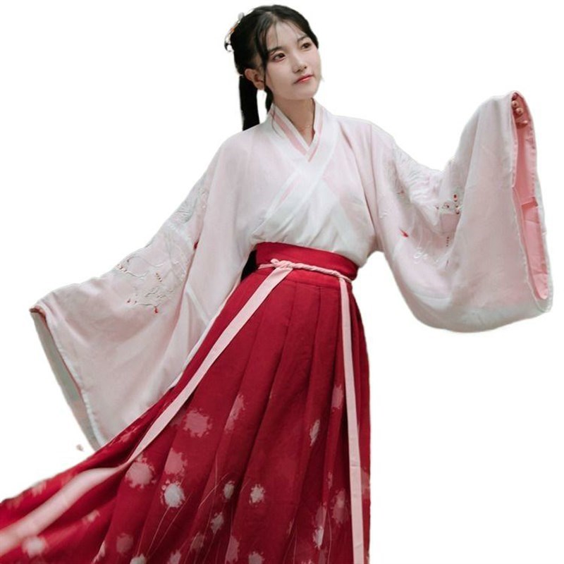 魏晋风汉服女梨花渡2023日常春夏秋装红V色交领齐腰襦裙