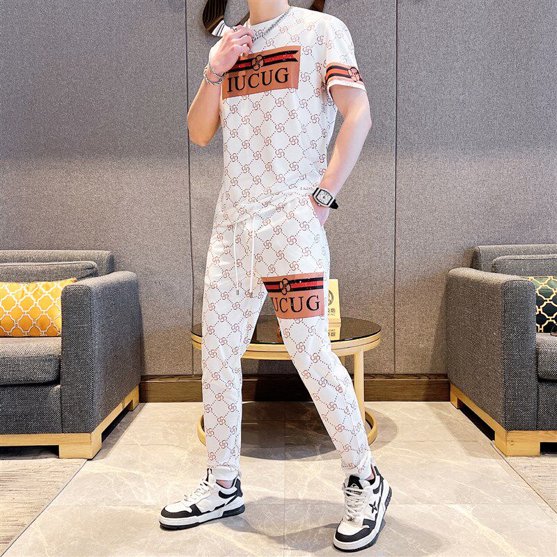 休闲套装男夏季帅气搭配新款韩版青年潮流时尚运动印花短袖两件套