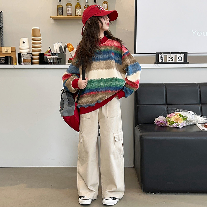 女童秋装套装2025新款女大童韩版春秋装彩色条纹卫衣工装裤两件套
