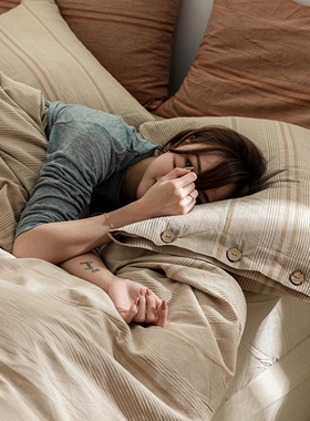 日式纽扣款水洗棉四件套夏裸睡简约民I宿全棉被套床单床上用品