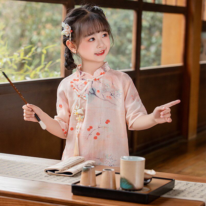 女童旗袍夏款一字扣苎麻真丝里布宝宝民国风小女孩古风改良连衣裙