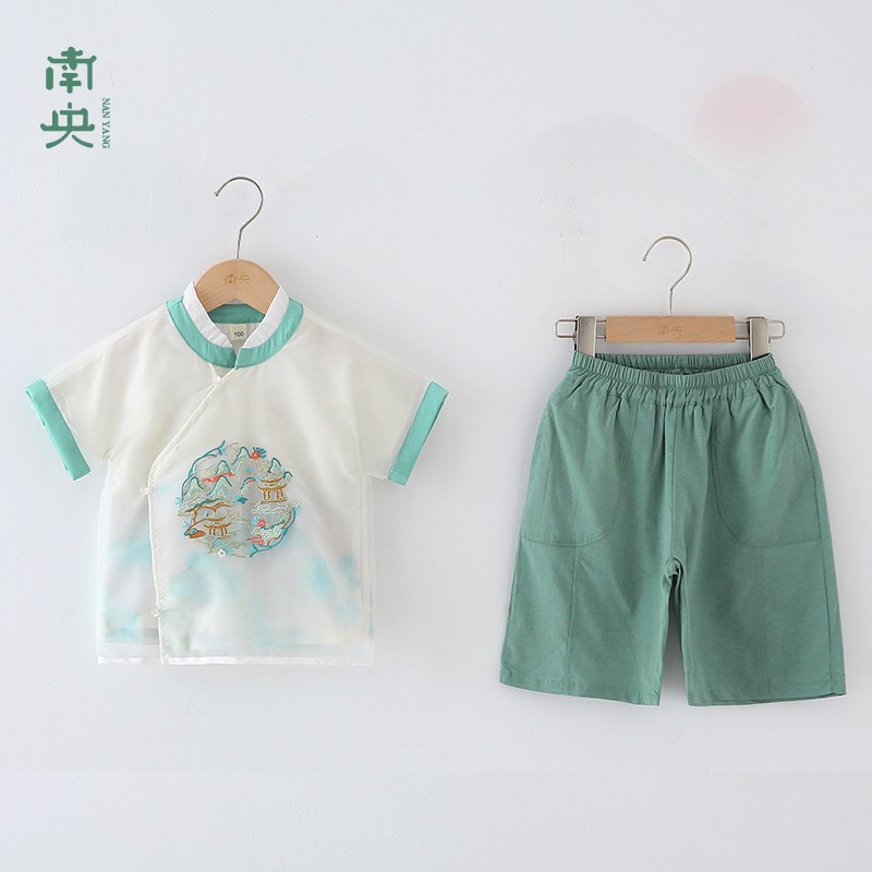 新中式男童汉服夏季儿童唐装男孩国风短袖套装中秋节服装古风帅气