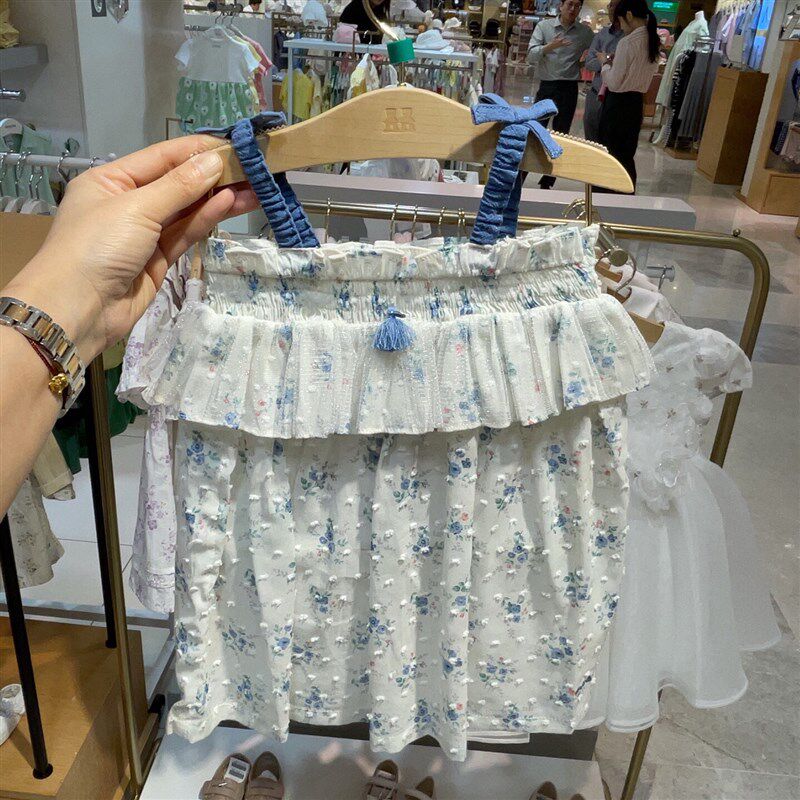 韩国童装 24夏新款女童轻薄柔软甜美提花纯棉碎花吊带裙 连衣裙子