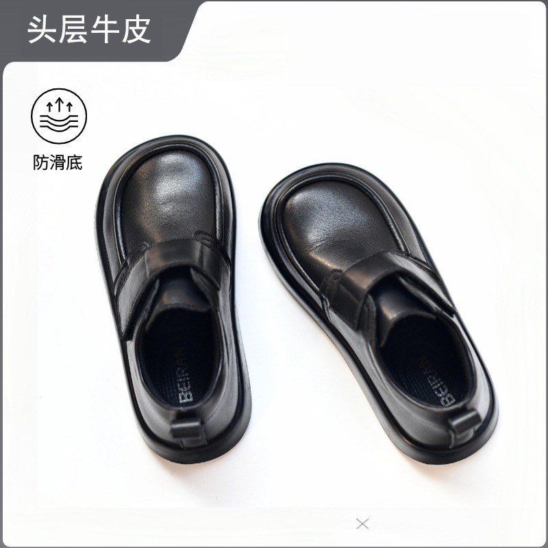 儿童头层牛皮黑色皮鞋白色校园演出鞋软底防滑男女小童学院风单鞋
