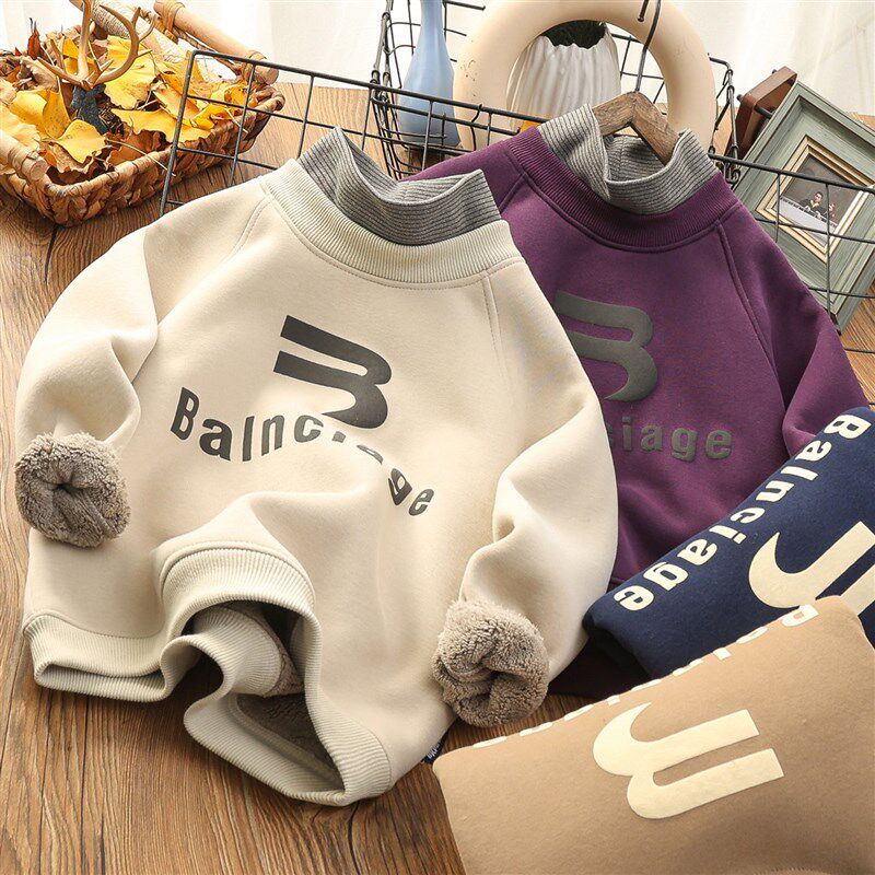 男童假两件加绒卫衣大童一体绒中领打底衫童装加厚上衣冬季新款潮