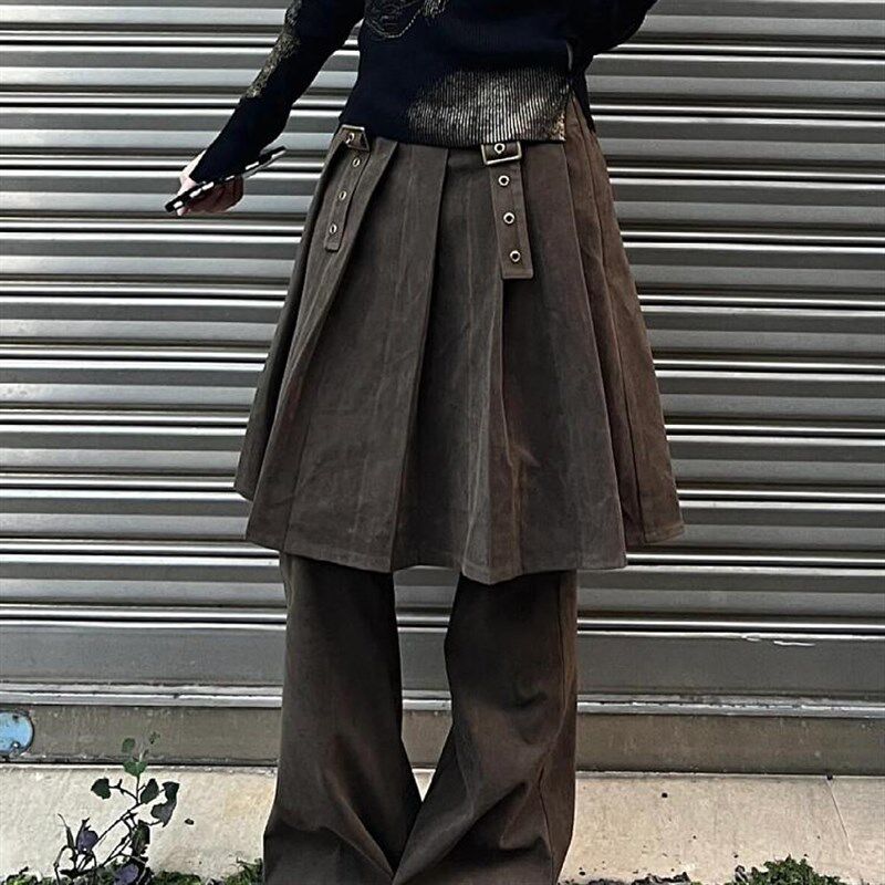 大码美式复古叠穿假两件牛仔裙裤女设计感直筒显瘦百褶裙微喇长裤