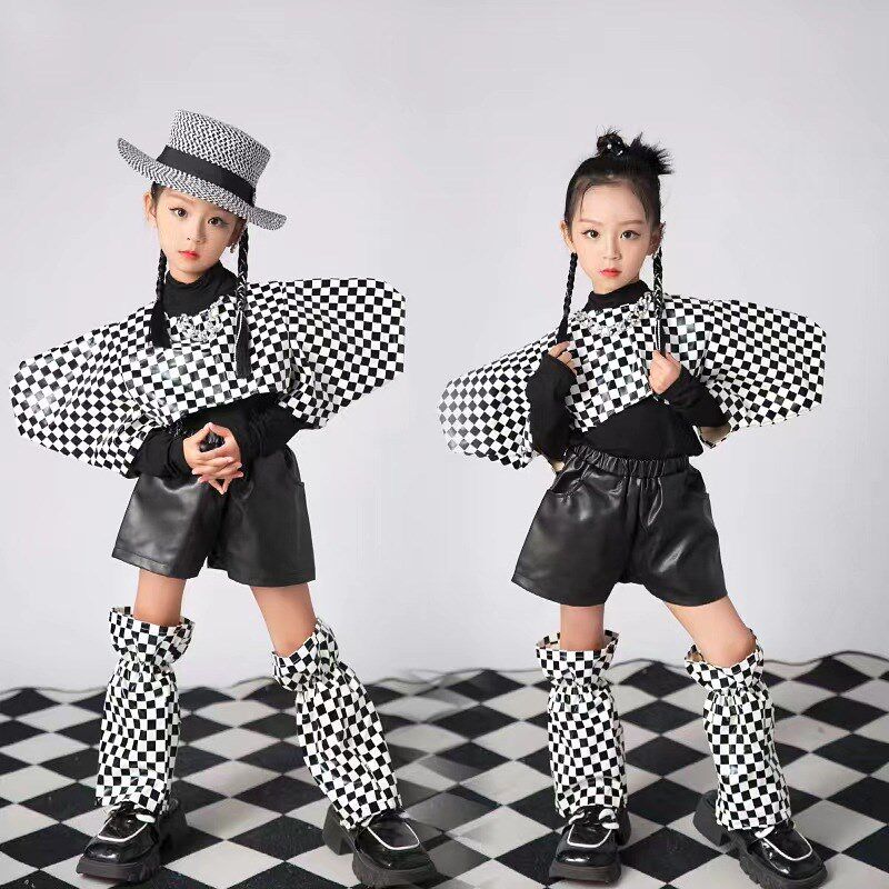 女童元宇宙科技感走秀潮服 少儿皮衣摇滚风车模演出服黑白棋盘新