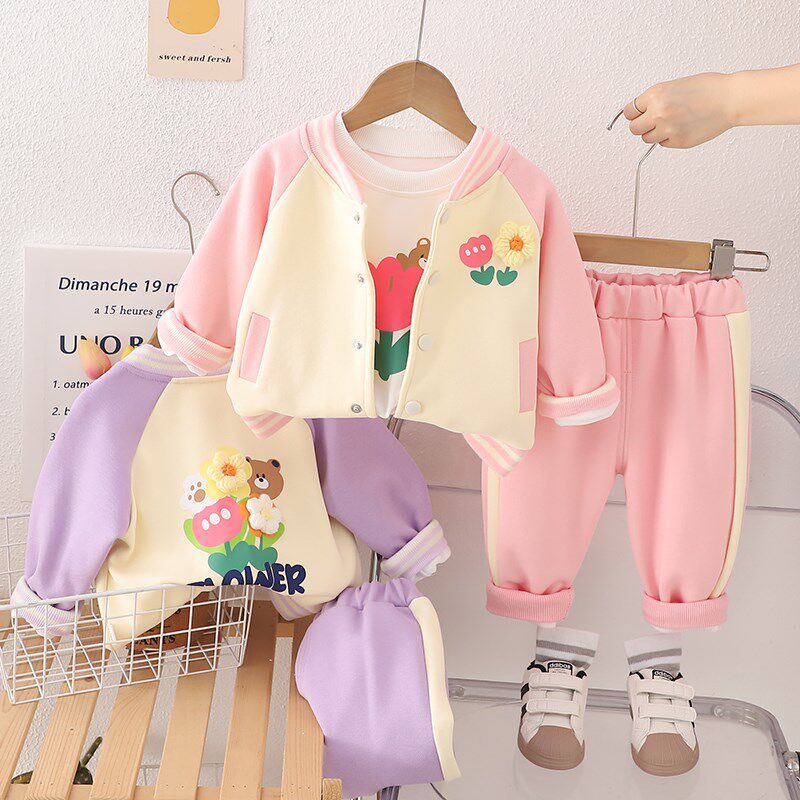 女童春秋季棒球服拉链衫三件套2025新款小女孩运动洋气秋装套装潮