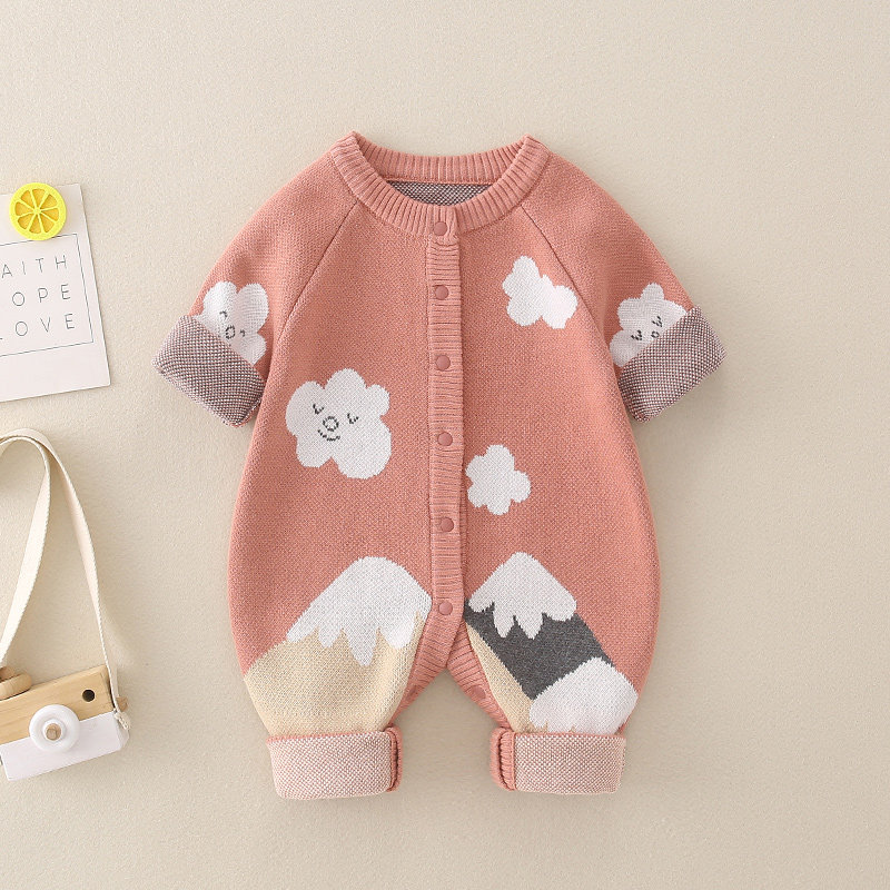新生婴儿衣服可爱秋冬连身衣男女宝宝纯棉线针织毛衣满月爬服套装