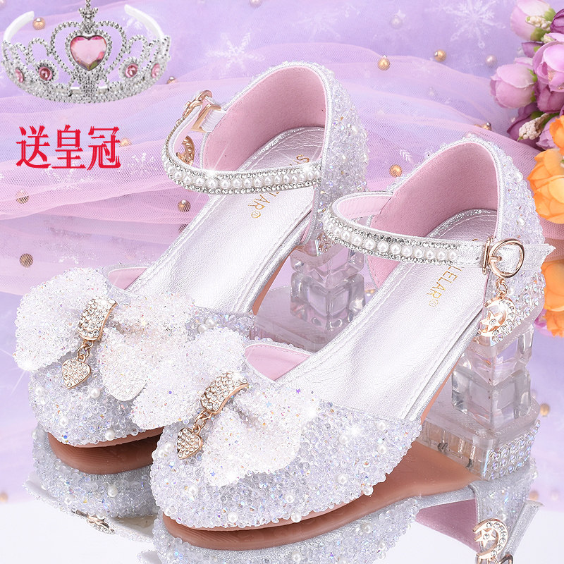 银色女童公主凉鞋珍珠软底儿童高鞋灰姑娘水晶鞋表演走秀鞋礼服鞋