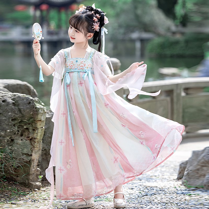女童汉服夏季短袖唐装连衣裙儿童襦裙古风夏装超仙夏款2025新款女