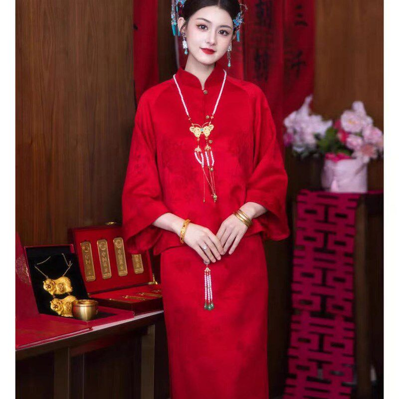 新中式红色晨袍印花改良复古旗袍套装新娘订婚回门宴敬酒晚礼服裙