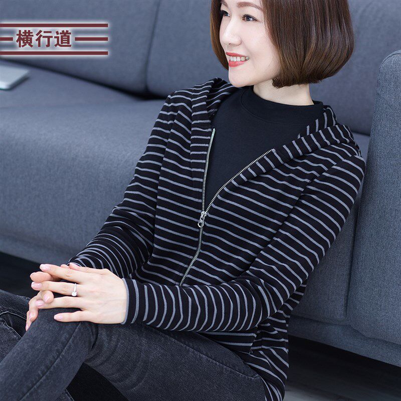 2021秋装新款条纹长袖大码帽衫薄绒拉链外套连帽加厚上衣带帽女装