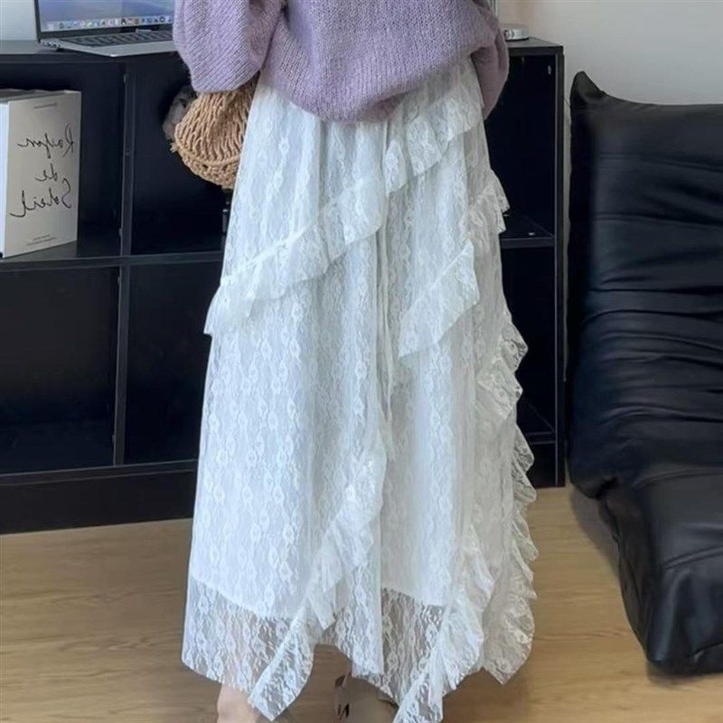 白色蕾丝网纱半身裙女长款拼接斜纹大码胖mm显瘦仙女A字蛋糕裙子