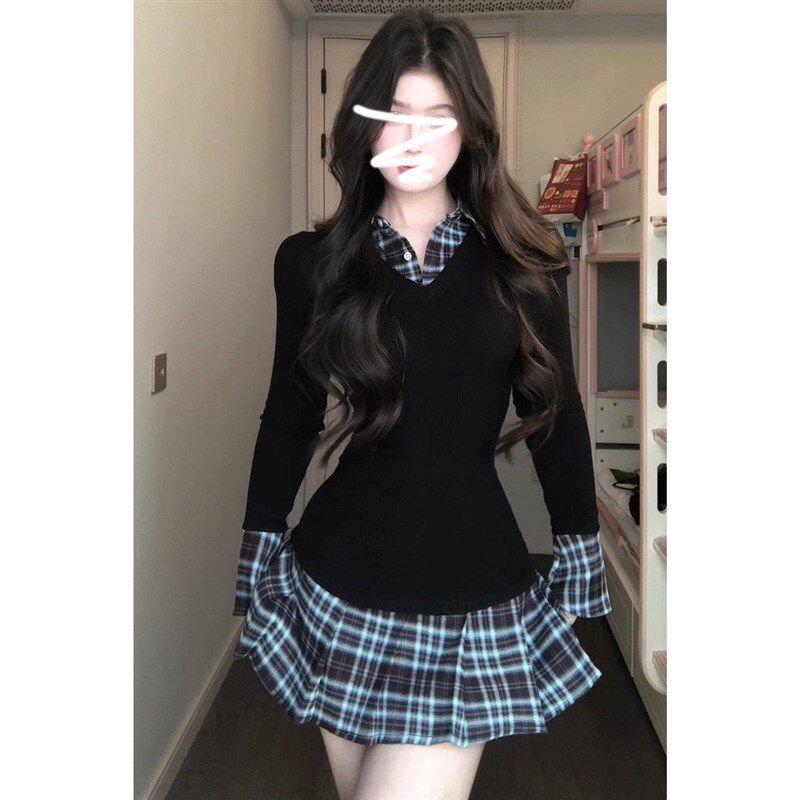 美式学院风假两件黑色包臀连衣裙秋季甜辣收腰显瘦a字百褶短裙子