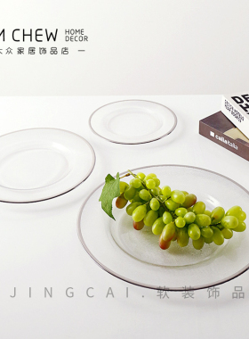 高级感透明布纹圆形浅口大果盘玻璃碟子家居Q装饰品餐桌摆件果盘