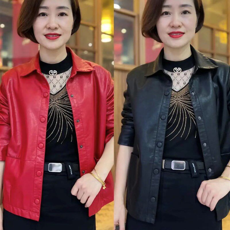 2024春秋季新款皮夹克短外套女中年妈妈装短上衣翻领pu皮衣外套女