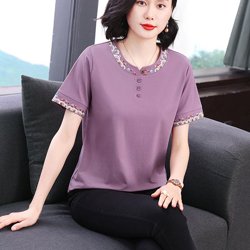 纯棉短袖t恤女2025夏装新款休闲体恤小衫中老年妈妈减龄半袖上衣