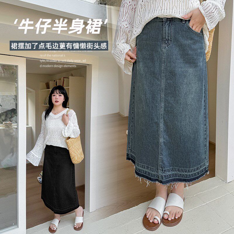 小波家2025春季胖mm复古做旧感牛仔半裙显瘦遮胯中长裙