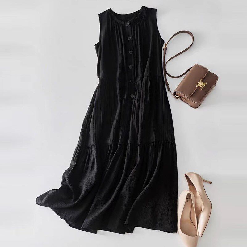 设计感褶皱拼接无袖连衣裙女长款2025夏季宽松黑色肌理感背心长裙