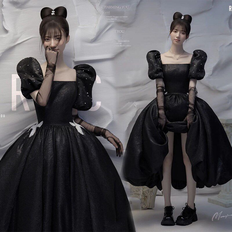 影楼主题拍照服装少女艺术照复古赫本风写真黑色婚纱裙泡泡袖礼服