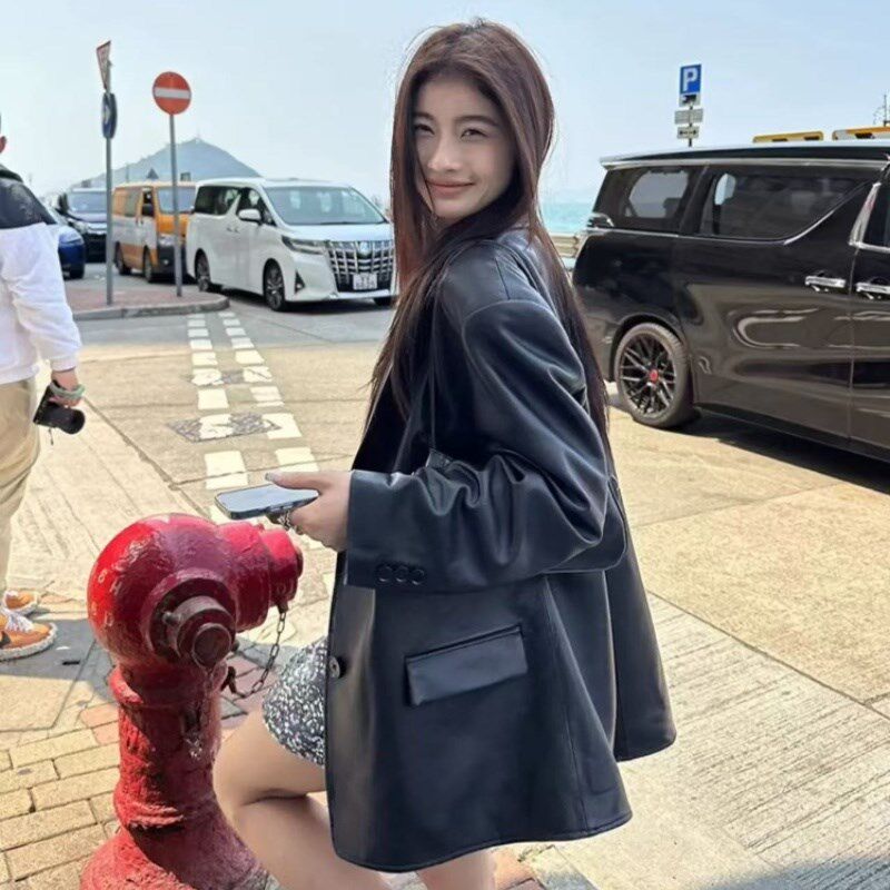 2025春秋新款港风复古黑色皮衣外套女设计高级感PU皮西装宽松上衣