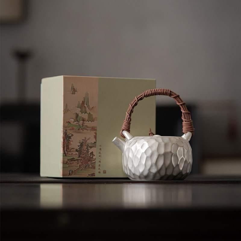 造物 手工锤纹999银提梁壶瓷胎B鎏银壶日式功夫茶具大容量茶壶单