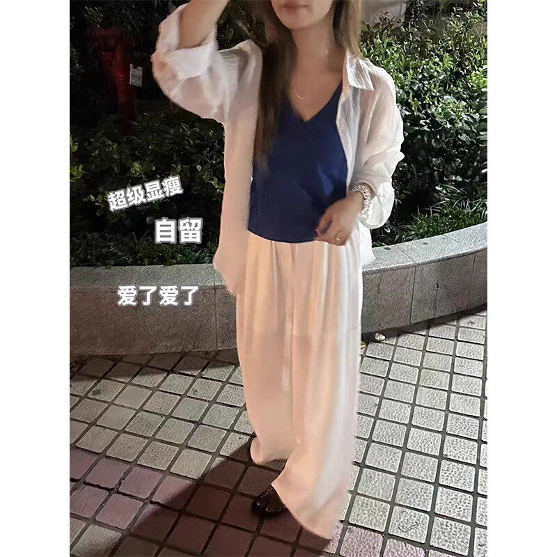 白色亚麻防晒衣罩衫时尚套装女减龄高级感小个子阔腿裤气质两件套