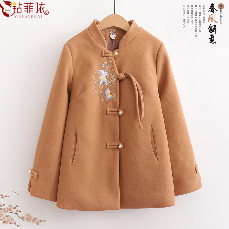 中年妈妈秋装毛呢外套中老年女新款中式盘扣上衣奶奶唐装外套春秋