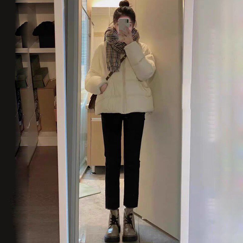 加绒加厚黑色烟管牛仔裤女冬季小个子八九分薄绒法棍直筒裤四面弹