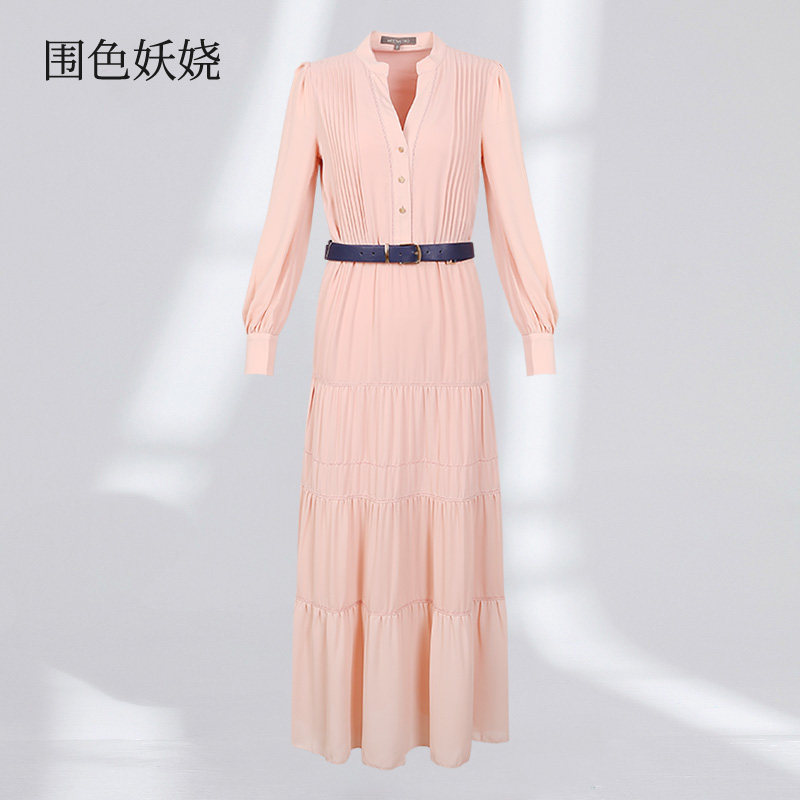 粉色连衣裙女2021年春夏新款仙女裙中长款气质显瘦法式长裙百褶裙