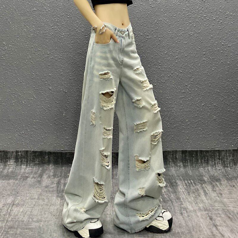 帅气破洞浅蓝色休闲牛仔裤女夏季新款高腰宽松显瘦百搭直筒阔腿裤