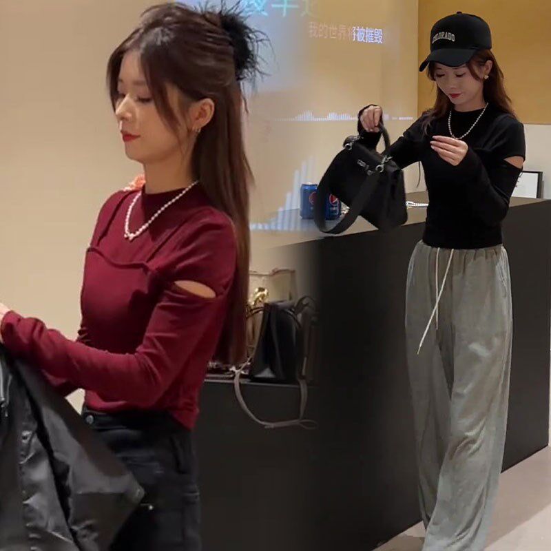 酒红色半高领镂空上衣女装春秋季新款简约修身显瘦内搭小众打底衫