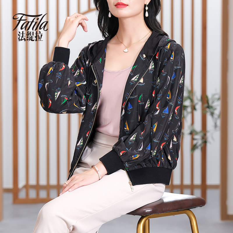 时尚休闲重磅真丝短款外套女长袖秋装新款韩版印花上衣夹克衫妈妈